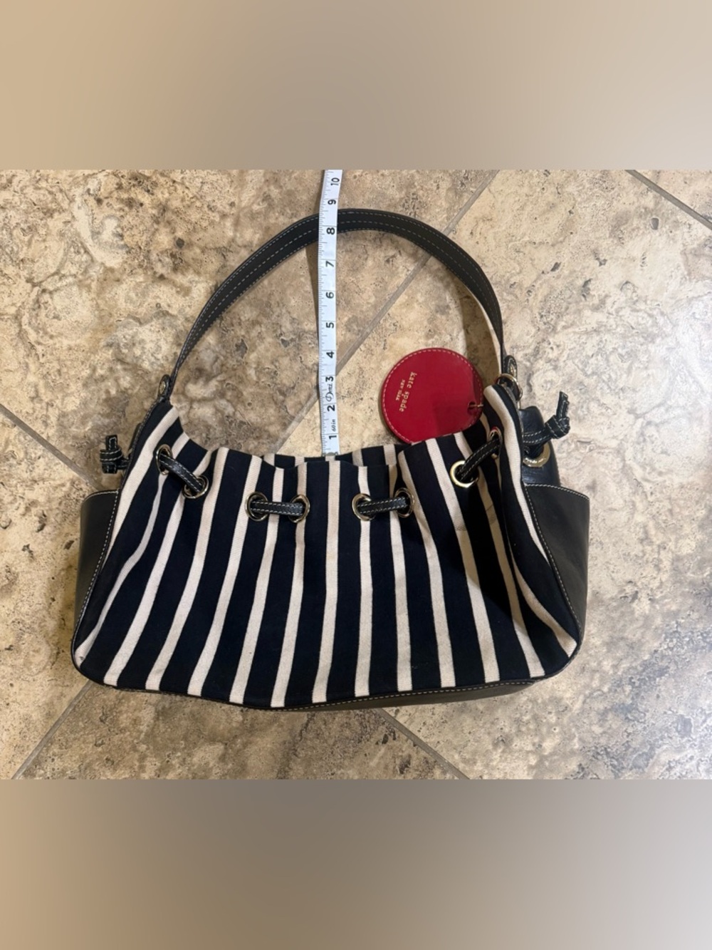 Kate Spade Striped Canvas Leather Hobo Bag Black White Drawstring Shoulder Tote - Picture 16 of 16